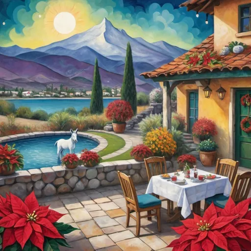 Prompt: (Marc Chagall-inspired surreal  PRIMITIVE EXPRESSIONISTChristmas scene, primitive, Christmas card, charming stone Mexican outdoor restaurant, white donkey wearing festive hat, beautiful large pool, lake in background, tables with umbrellas, flowers on the tables, Christmas time, sign that says YVES, walls adorned with painted flowers, tile roof, lovers floating in the whimsical sky, graceful wings, grass, surrounded by vibrant flowers, , poinsettia, wreath, majestic avocado tree in front, enchanting magical, Christmas lights, Mexican style, atmosphere, dreamy mountains in the background, swirly   sky, (vivid colors), (4K, ultra-detailed), (cubist, whimsical).