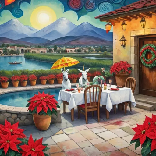 Prompt: (Marc Chagall-inspired surreal scene, primitive, Christmas card, charming stone Mexican outdoor restaurant, white donkey wearing festive hat, beautiful large pool, lake in background, tables with umbrellas, flowers on the tables, Christmas time, sign that says YVES, walls adorned with painted flowers, tile roof, lovers floating in the whimsical sky, graceful wings, grass, surrounded by vibrant flowers, , poinsettia, wreath, majestic avocado tree in front, enchanting magical, twinkling Christmas lights, Mexican style, atmosphere, dreamy mountains in the background, swirly   sky, (vivid colors), (4K, ultra-detailed), (cubist, whimsical).