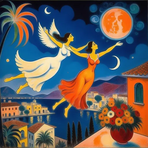 Prompt: Two lovers floating together in the night sky), Expressionist surrealist Marc Chagall style, woman arms reaching up 
up on wings of longing from open windowed, milky moon and sky,
balcony,  overlooking Ajijic, Mexico
water, palm trees, vibrant flowers surrounding the scene, dreamlike ambiance, romantic mood,  tuxedo and orange cat, male lover offers bouquet of flowers 
 , school of Paris style
painterly quality,whimsical elements, enchanting atmosphere, 4K ultra-detailed clarity.