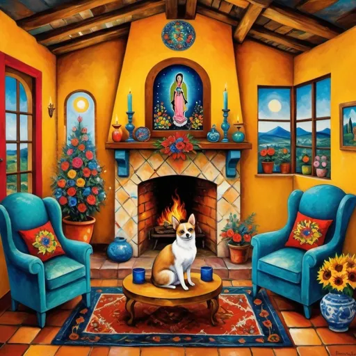 Prompt: Marc Chagall primitie, cubist, surreal style (Painting of Mexican Casita interior), Christmas card, beautiful, small quaint cozy cottage living room, (chimney fireplace with fire), beautiful flowers, lace curtains, Talavera, cross,turquoise, starry, swirly evening sky, 
arched window, chihuahua, pomeranian, tuxedo cat, 
sunflowers, harlequin, 
sofa with colorful pillows, flower-patterned armchair, Talavera  tile, ceramics, virgen of Guadalupe sunshine, Christmas tree, wreath, candles, poinsettias, filtering in, birds nearby, (surrealist whimsical expressionist painting style), inspired by Frida Kahlo and Marc Chagall, vibrant colors, detailed textures, (4K ultra-detailed ambience), cozy and eclectic atmosphere.