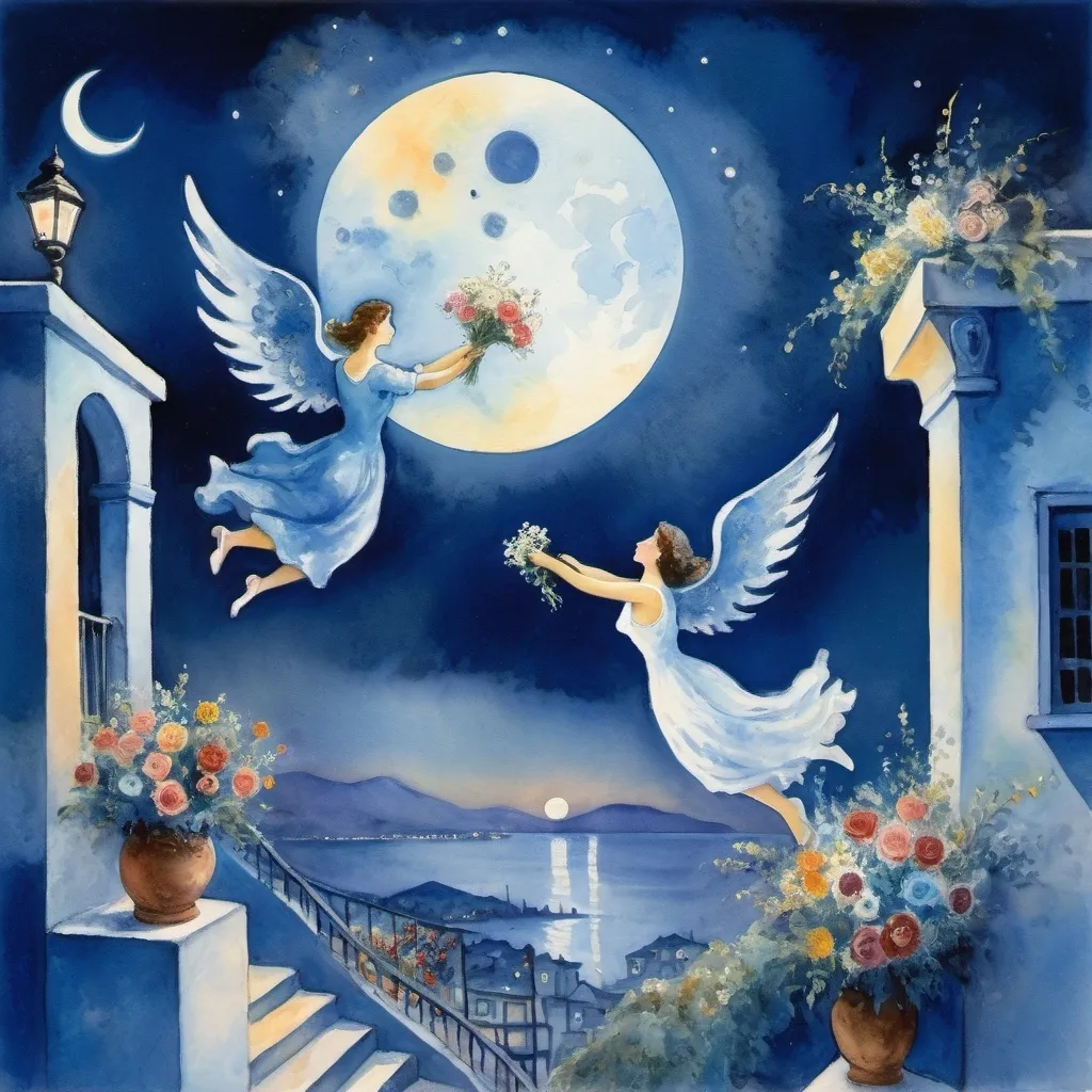 Prompt: (Watercolor Painting in playful primitive surrealist 
Marc Chagall style), 2 lovers float in soft moonlit sky above  Puerto Vallarta with beautiful floral bouquet, playful milky moon, rmisty 
omantic scene,  balcony below, male offers woman beautifully arranged bouquet, flowers . fiddler in sky
whimsical and dreamy atmosphere,  cool tones of blue and white, soft glowing lights,impressionistic, soft colors, swirly enchanting night sky, infused with magic and love. Winged cats, angels
