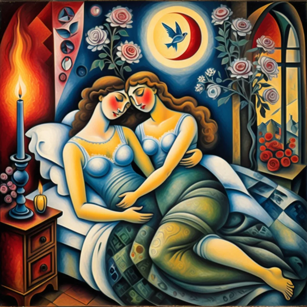 Prompt: (candles burning side-by-side), lovers in bed, (surrealist cubist style), Marc Chagall influence, intricately detailed dresser, soft warm lighting, flickering flames casting shadows, ethereal flowers intertwined with smoke, whimsical atmosphere, romantic and dreamlike ambiance, high-quality depth, ultra-detailed composition, enchanting color palette, tranquil yet captivating scene.