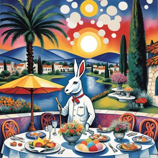 Prompt: Marc Chagall-inspired  Easter card, charming stone Mexican outdoor restaurant, white donkey with Easter bonnet , rabbit chef, beautiful large pool, lake in background, tables with umbrellas, palm and cypress 
trees with twinkling lights, evening sunset, dusk, flowers on the tables, walls adorned with painted flowers, tile roof, lovers floating in the whimsical sky, graceful wings, grass, surrounded by vibrant flowers pots around pool, enchanting magical, twinkling  lights, Mexican style, atmosphere, dreamy mountains in the background, swirly  sky,(4K, ultra-detailed), 