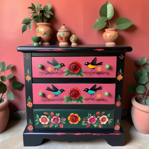 Prompt: Mexican
 chest of drawers, simple design, four drawers with knobs centered on each, painted flowers, vibrant deep pink, red, green, soft colors, red, roses, birds, bees, butterflies,
Mexican touches,
warm hues, elegant floral patterns, artistic craftsmanship, black wood finish, cozy ambiance, handcrafted details, small and stylish, ideal for storage, perfect for adding character to a room, ultra-detailed, high quality.