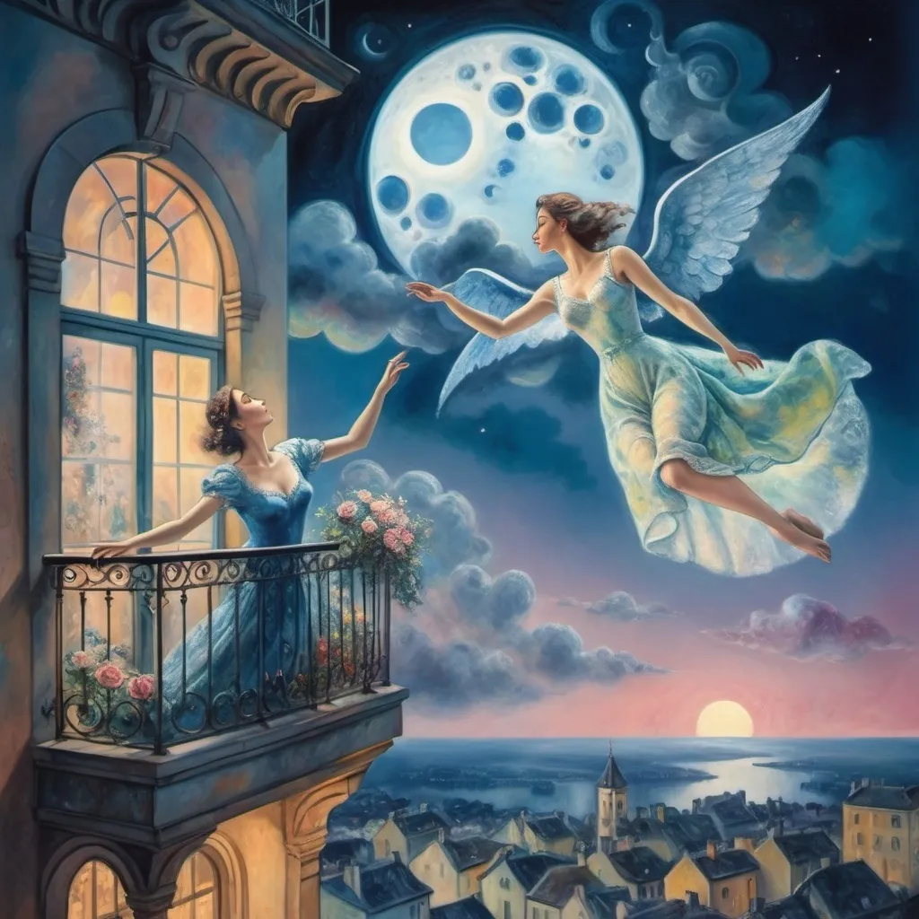 Prompt: (surrealism), (Chagall style), moonlit sky, ethereal atmosphere, woman on balcony, graceful pose, reaching for male lover, who is floating above, extended bouquet, dreamy cloudscape, soft pastel colors, enchanting and whimsical, intricate details in architecture, serene nighttime ambiance, mesmerizing contrasting elements, high detail, 4K, capturing emotional longing.