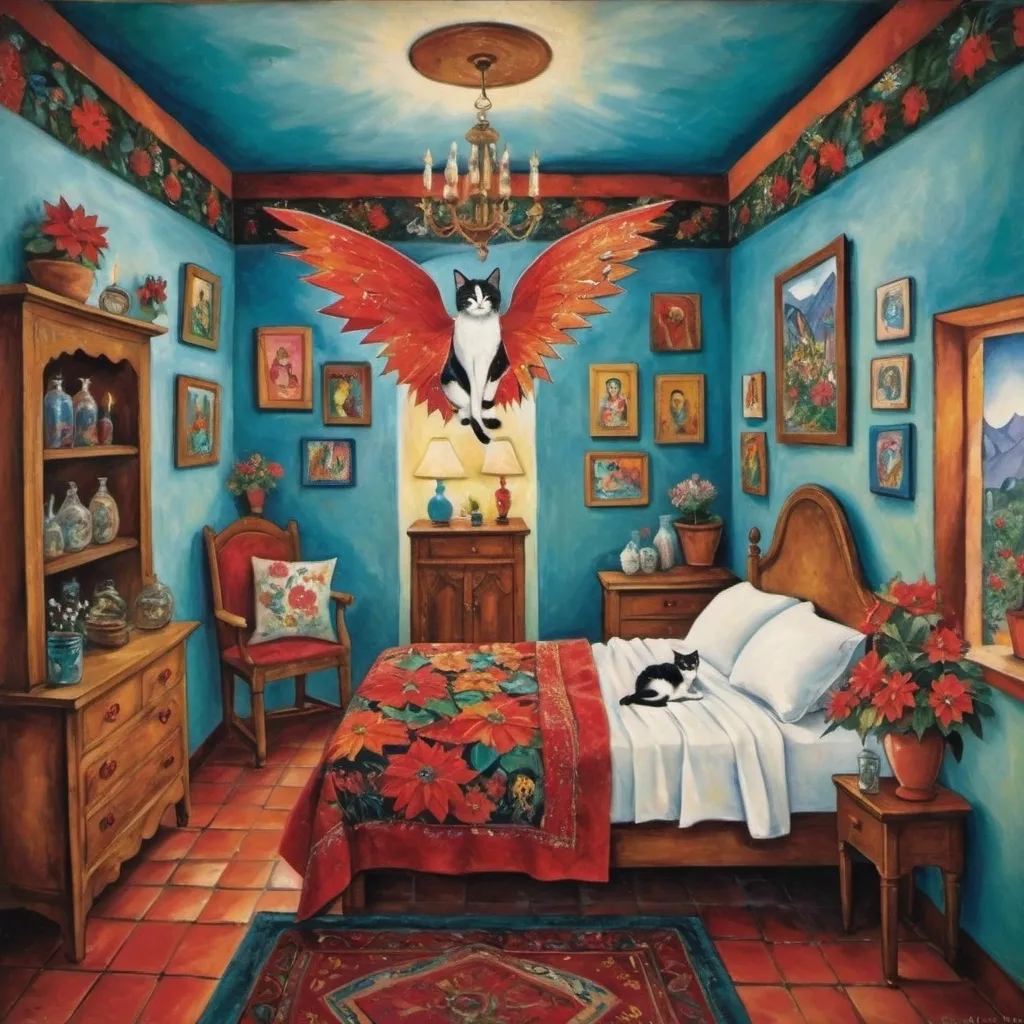 Prompt: (Marc Chagall painting cubist primitive 
surrealism style charming Mexican casita bedroom, Mexican Christmas, virgin of Guadalupe,  painted flowers, white walls, arched windows,, turquoise bedspread hearts, Tuxedo cat, Mexican textiles, whimsical ambiance, tile roof, turquoise armoire with painted flowers, glowing, delicate wings, bright flowers, playful cats, enchanting atmosphere, poinsettias, magical, sunflowers, lace curtains, harlequin  tuxedo cat, Freida Kahlo influences, guitar, angel, mountains, candles, cozy pillows, ultra-detailed, magical charm, artistic masterpiece.