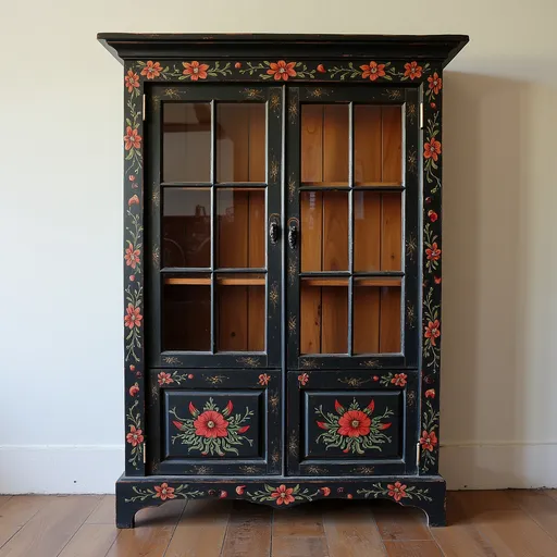 Prompt: Mexican black painted wood bookcase 4 ft, high x 3 ft w  x 12 " D with paned glass front, painted with mexican flowers and designs