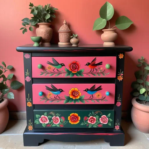 Prompt: Mexican
 chest of drawers, simple design, four drawers with knobs centered on each, painted flowers, vibrant deep pink, red, green, soft colors, red, roses, birds, bees, butterflies,
Mexican touches,
warm hues, elegant floral patterns, artistic craftsmanship, black wood finish, cozy ambiance, handcrafted details, small and stylish, ideal for storage, perfect for adding character to a room, ultra-detailed, high quality.