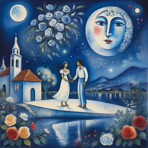 Prompt: (Painting in playful and primitive Chagall surrealist style), a couple, lovers floating in night sky above Ajijic village (milky moon, watercolor romantic scene, serene water below, vibrant flowers , male offers woman beautifully arranged bouquet, whimsical and dreamy atmosphere, cool tones of blue and white, soft glowing lights,impressionistic, soft colors, swirly enchanting night sky, infused with magic and love.