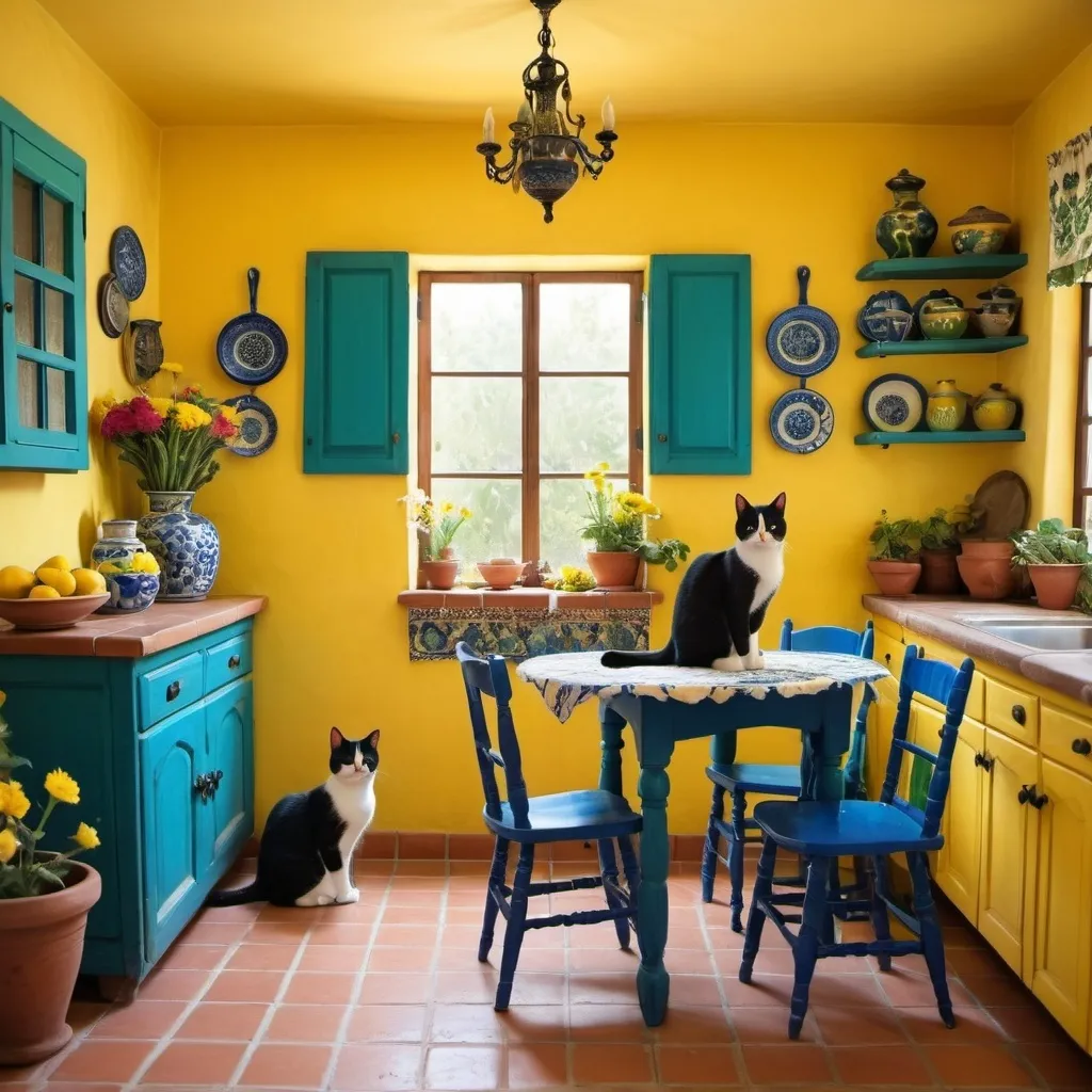 Prompt: Charming Mexican casita interior, bright yellow kitchen walls, cabinets blue and green, talavera, tuxedo cat, dishes,windows, lace curtains, flowers, round table with flowers




