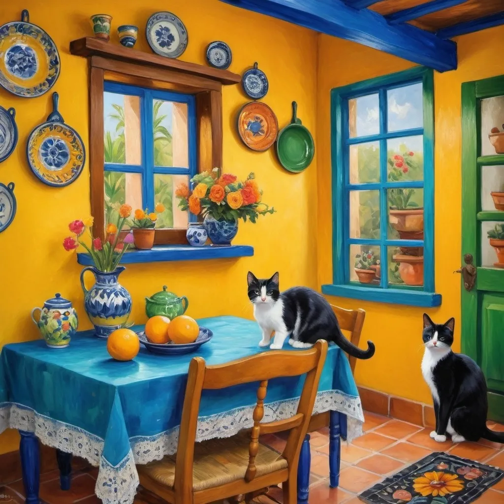 Prompt: Painting in Impressionist Style

Charming Mexican casita interior, bright yellow kitchen walls,  blue and green, cabinets, art on wall ,
talavera, fluffy tuxedo kitten and orange cat, dishes,windows, lace curtains, flowers, black, round table with floral pattern, Freida Kahlo portrait, painting





