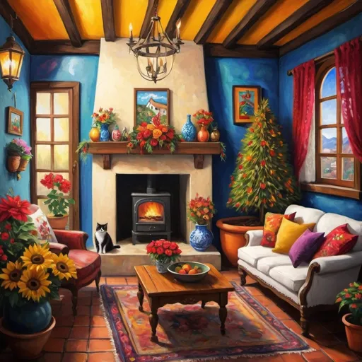 Prompt: (Painting of Mexican Casita interior), small quaint cozy cottage living room, (chimney fireplace with fire), beautiful flowers, lace curtains, arched windows, tuxedo cat, white sofa with colorful pillows, flower-patterned armchair, poinsettias, sunflowers, Christmas tree, wreath, garland, glowing, magical, Talavera ceramics, bright sunshine filtering in, birds nearby, (surrealist whimsical expressionist painting style), inspired by Frida Kahlo and Marc Chagall, vibrant colors, detailed textures, (4K ultra-detailed ambience), cozy and eclectic atmosphere.