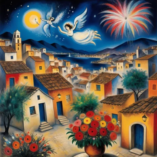 Prompt: Marc Chagall, style painting, primitive, surreal, (Fireworks exploding) over a vibrant Mexican village at night, (plaza, Angels Chagall influence), celebrating life, (whimsical night sky), colorful explosions, lake Chapala, flowers, Swirling night sky illuminating traditional architecture, rustic rooftops, warm golden tones, (festive atmosphere), high detail and contrast, enchanting ambiance, (oil painting style), masterful strokes creating a joyful and lively scene, (high definition, ultra-detailed).