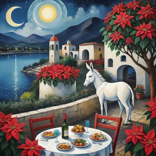 Prompt: (Marc Chagall-inspired surreal scene, primitive, Christmas card, charming stone Mexican outdoor restaurant, white donkey wearing festive hat beautiful swimming pool, lake in background, tables with umbrellas, flowers on the tables, Christmas time, sign that says YVES, walls adorned with painted flowers, tile roof, lovers floating in the whimsical sky, graceful wings, grass, surrounded by vibrant flowers, , poinsettia, wreath, majestic avocado tree in front, enchanting magical, Christmas lights, Mexican style, atmosphere, dreamy mountains in the background, swirly dark moonlight sky, (vivid colors), (4K, ultra-detailed), (cubist, whimsical).