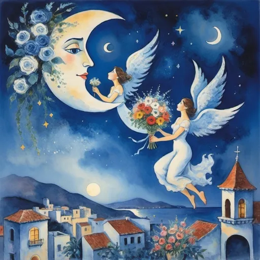 Prompt: (Watercolor Painting in playful primitive surrealist 
Marc Chagall style), 2 lovers float in soft moonlit sky above  Puerto Vallarta with beautiful floral bouquet, playful milky moon, rmisty 
omantic scene,  balcony below, male offers woman beautifully arranged bouquet, flowers . fiddler in sky
whimsical and dreamy atmosphere,  cool tones of blue and white, soft glowing lights,impressionistic, soft colors, swirly enchanting night sky, infused with magic and love. Winged cats, angels
