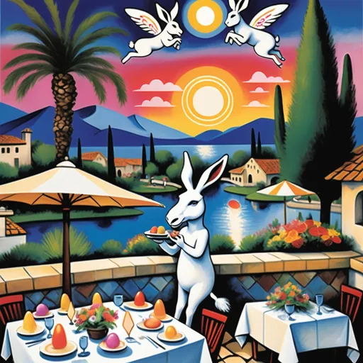 Prompt: Marc Chagall-inspired  Easter card, charming stone Mexican outdoor restaurant, white donkey with Easter bonnet , rabbit chef, beautiful large pool, lake in background, tables with umbrellas, palm and cypress 
trees with twinkling lights, evening sunset, dusk, flowers on the tables, walls adorned with painted flowers, tile roof, lovers floating in the whimsical sky, graceful wings, grass, surrounded by vibrant flowers pots around pool, enchanting magical, twinkling  lights, Mexican style, atmosphere, dreamy mountains in the background, swirly  sky,(4K, ultra-detailed), 