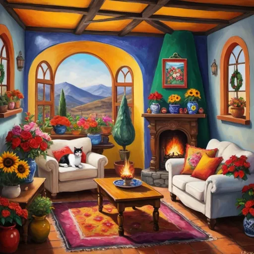 Prompt: (Painting of Mexican Casita interior), small quaint cozy cottage living room, (chimney fireplace with fire), beautiful flowers, lace curtains, arched windows, tuxedo cat, white sofa with colorful pillows, flower-patterned armchair, poinsettias, sunflowers, Christmas tree, wreath, garland, glowing, magical, Talavera ceramics, bright sunshine filtering in, birds nearby, (surrealist whimsical expressionist painting style), inspired by Frida Kahlo and Marc Chagall, vibrant colors, detailed textures, (4K ultra-detailed ambience), cozy and eclectic atmosphere.