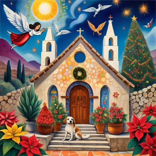 Prompt: (Chagall-inspired surreal scene), Christmas card, charming Mexican stone chapel, walls adorned with painted flowers, tile roof, lovers floating in the whimsical sky, graceful wings, fluffy dog, surrounded by vibrant flowers, virgin of Guadalupe, poinsettia, wreath, majestic avocado tree in front, enchanting magical , Christmas tree, Christmas lights, Mexican style, atmosphere, dreamy mountains in the background, swirly dark moonlight sky, (vivid colors), (4K, ultra-detailed), (cubist, whimsical).