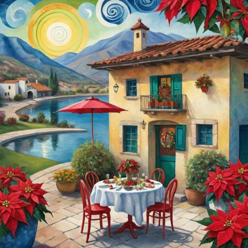 Prompt: (Marc Chagall-inspired surreal scene, primitive, Christmas card, charming stone Mexican outdoor restaurant, white donkey wearing festive hat, beautiful large pool, lake in background, tables with umbrellas, flowers on the tables, Christmas time, sign that says YVES, walls adorned with painted flowers, tile roof, lovers floating in the whimsical sky, graceful wings, grass, surrounded by vibrant flowers, , poinsettia, wreath, majestic avocado tree in front, enchanting magical, Christmas lights, Mexican style, atmosphere, dreamy mountains in the background, swirly   sky, (vivid colors), (4K, ultra-detailed), (cubist, whimsical).