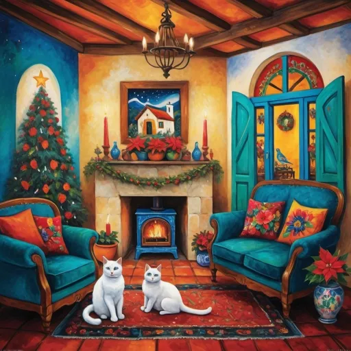 Prompt: Marc Chagall style (Painting of Mexican Casita interior), Christmas card, small quaint cozy living room, (chimney fireplace with fire, beautiful flowers, lace curtains, Talavera, angels, cross, turquoise, arched windows, tuxedo cat, sofa with colorful pillows, flower-patterned armchair, Talavera ceramics, virge\in of Guadalupe, Christmas tree, wreath, candles, poinsettias, starry night sky, 
, birds nearby, (surrealist whimsical expressionist painting style), inspired by Frida Kahlo and Marc Chagall, vibrant colors, detailed textures, (4K ultra-detailed ambience), cozy and eclectic atmosphere.