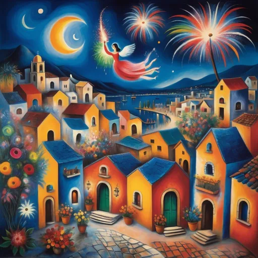 Prompt: Marc Chagall-style painting, primitive, surreal, (Fireworks exploding) over a vibrant Mexican village at night, (plaza, Angels Chagall influence), celebrating life, (whimsical night sky), colorful explosions, lake Chapala, flowers, New Years Eve, Swirling night sky illuminating traditional architecture, rustic rooftops,cool  blue tones, (festive atmosphere), high detail and contrast, enchanting moon, ambiance, (oil painting style), masterful strokes creating a joyful and lively scene, (high definition, ultra-detailed).