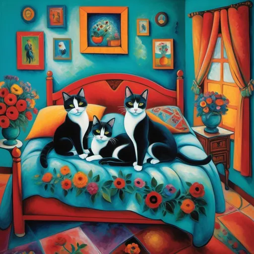 Prompt: (Marc Chagall style painting) couple lounging in bed with two tuxedo cat and tuxedo kitten, playfully resting, (turquoise bedspread) adorned with (vibrant flowers), warm ambient lighting, colorful Mexican style Casita bedroom, whimsical elements reflecting love and comfort, intricate patterns on walls, serene atmosphere, ultra-detailed, cinematic masterpiece, expressive brush strokes capturing emotion and harmony, dreamlike quality.