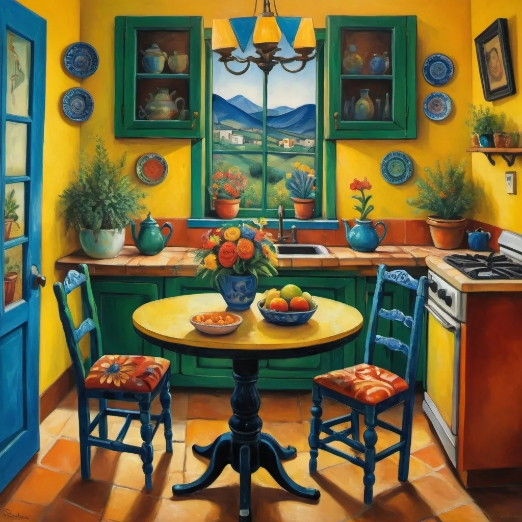 Prompt:  Painting in playful, expressionist, cubist 
surrealist style Marc Chagall inspired), little 
Mexican kitchen, yellow walls, blue and green cabinets, harlequin 
sunny, plants, quaint, happy
whimsical flowers, black with flowers round table with chairs, stove, Frieda Kahlo , sunny
delicate lace curtains,tuxedo cat, magical ambiance, rich textures, expressive colors, ethereal lighting, dreamy atmosphere, high quality, ultra-detailed, captivating composition.rustic, talavera
