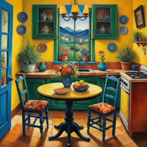 Prompt:  Painting in playful, expressionist, cubist 
surrealist style Marc Chagall inspired), little 
Mexican kitchen, yellow walls, blue and green cabinets, harlequin 
sunny, plants, quaint, happy
whimsical flowers, black with flowers round table with chairs, stove, Frieda Kahlo , sunny
delicate lace curtains,tuxedo cat, magical ambiance, rich textures, expressive colors, ethereal lighting, dreamy atmosphere, high quality, ultra-detailed, captivating composition.rustic, talavera
