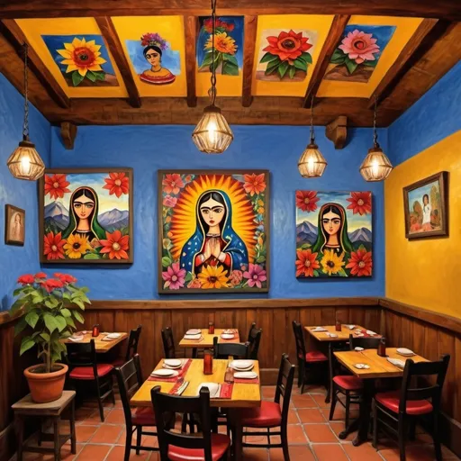 Prompt: (Painting primitive, expressionist Charming little Mexican restaurant Frida Kahlo theme, playful, whimsical, tile roof, mountainsSign “Rincon de Frieda”, Christmas, poinsettias, sunflowers adorning the interior, rustic wooden ceiling with exposed beams, vibrant walls with paintings of Frida, Cubist surrealist style by Mark Chagall,  little chandeliers, angel, our lady of Guadalupe, casting warm light, cheerful and inviting atmosphere, paintings of Frida on the walls detailed ambiance reflecting culture, soft and warm color tones, ultra-detailed, HD quality, inviting space full of creativity and artistic flair.