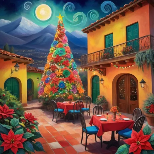 Prompt: (Chagall-inspired surreal scene), Christmas card, charming Mexican outdoor restaurant, beautiful, swimming pool, tables with umbrellas, flowers on the tables, Christmas time, sign that says “Yves”, walls adorned with painted flowers, tile roof, lovers floating in the whimsical sky, graceful wings, surrounded by vibrant flowers, , poinsettia, wreath, majestic avocado tree in front, enchanting magical  Christmas tree, Christmas lights, Mexican style, atmosphere, dreamy mountains in the background, swirly dark moonlight sky, (vivid colors), (4K, ultra-detailed), (cubist, whimsical).