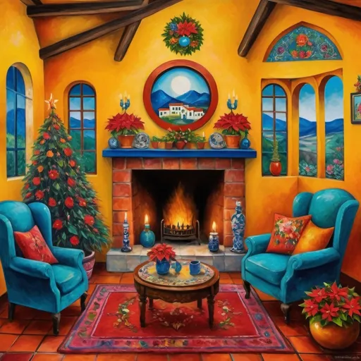 Prompt: Marc Chagall style (Painting of Mexican Casita interior), Christmas card, small quaint cozy cottage living room, (chimney fireplace with fire), beautiful flowers, lace curtains, Talavera, turquoise, arched windows, tuxedo cat, white sofa with colorful pillows, flower-patterned armchair, Talavera ceramics, virgen of Guadalupe sunshine, Christmas tree, wreath, candles, poinsettias, filtering in, birds nearby, (surrealist whimsical expressionist painting style), inspired by Frida Kahlo and Marc Chagall, vibrant colors, detailed textures, (4K ultra-detailed ambience), cozy and eclectic atmosphere.