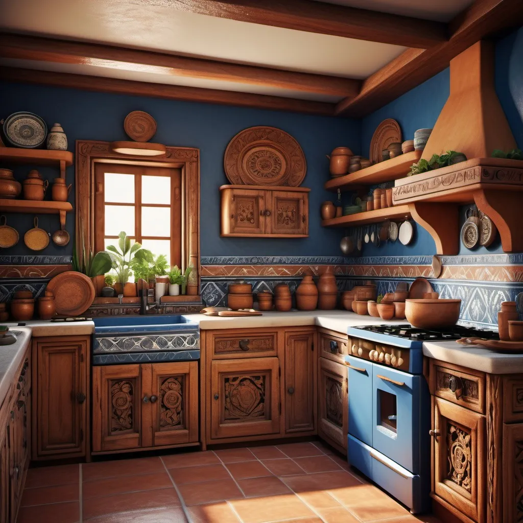 Prompt: (kitchen with Mexican carved cabinetry vintage), warm earthy tones, intricate detailing in woodwork,blue walls,  cozy atmosphere, authentic rustic decor, sunlight filtering through windows, inviting ambiance, vintage appliances, beautifully garnished with traditional ceramics, 4K ultra-detailed resolution, inviting and homey vibe, bit of greenery in corners, wall tiles with traditional patterns.