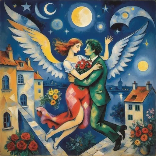 Prompt: Chagall playful 
cubism style. Lovers floating in moonlit, starlit sky. male offers female a bouquet ,wings of longing, ethereal angels, winged cats, harlequin, fiddler, balcony, soft colors

