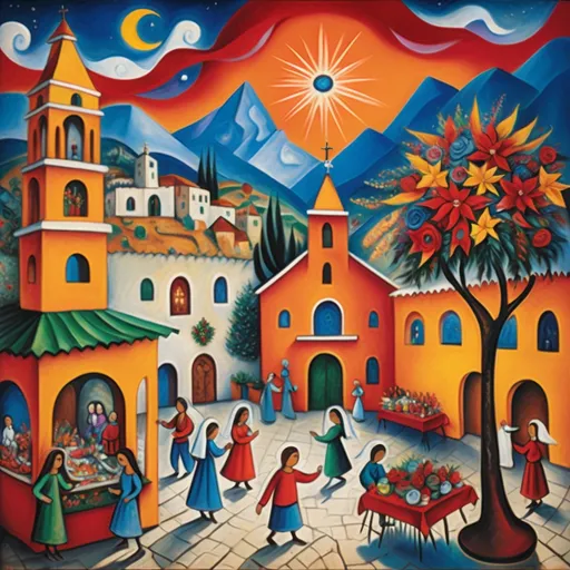 Prompt: (colorful surrealist expressionist painting), (Mark Chagall style), Christmas scene, Ajijic plaza with restaurants and shops, charming stone chapel, nativity scene, festive kiosk, vibrant flowers and poinsettias, Virgin of Guadalupe, whimsical sky with enchanting angels, bustling vendors, majestic mountains in the background, magical atmosphere, rich color tones, ultra-detailed, 4K quality.