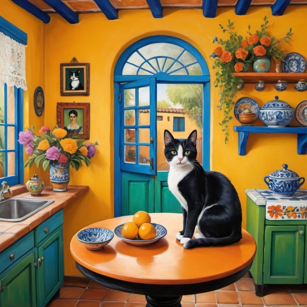 Prompt: Painting in Mexican style

Charming Mexican casita interior, bright yellow kitchen walls,  blue and green, cabinets, art on wall ,
talavera, fluffy tuxedo kitten, orange cat, dishes,windows, lace curtains, flowers, black, round table with floral pattern, Freida Kahlo portrait, painting





