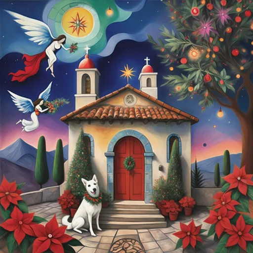 Prompt: (Chagall-inspired surreal scene), Christmas card, charming Mexican stone chapel, walls adorned with painted flowers, tile roof, lovers floating in the whimsical sky, graceful wings, fluffy dog, surrounded by vibrant flowers, virgin of Guadalupe, poinsettia, wreath, majestic avocado tree in front, enchanting magical , Christmas tree, Christmas lights, Mexican style, atmosphere, dreamy mountains in the background, swirly dark moonlight sky, (vivid colors), (4K, ultra-detailed), (cubist, whimsical).