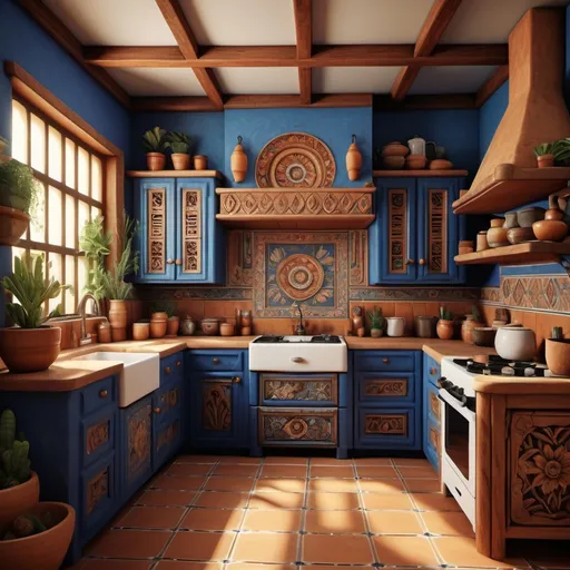 Prompt: (kitchen with Mexican carved cabinetry vintage), warm earthy tones, intricate detailing in woodwork,blue walls,  cozy atmosphere, authentic rustic decor, sunlight filtering through windows, inviting ambiance, vintage appliances, beautifully garnished with traditional ceramics, 4K ultra-detailed resolution, inviting and homey vibe, bit of greenery in corners, wall tiles with traditional patterns.