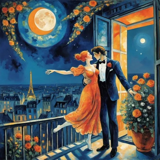 Prompt: Two lovers floating together in the night sky), Expressionist surrealist cubist, harlequin Marc Chagall style, woman arms reaching up 
up on wings of longing from open windowed, milky moon and sky,
balcony,  overlooking Paris, France, , lights, glowy
water, trees, vibrant flowers surrounding the scene, dreamlike ambiance, romantic mood,  tuxedo and orange cat, male lover offers bouquet of flowers cool colors
 , school of Paris style
painterly quality,whimsical elements, enchanting atmosphere, 4K ultra-detailed clarity.