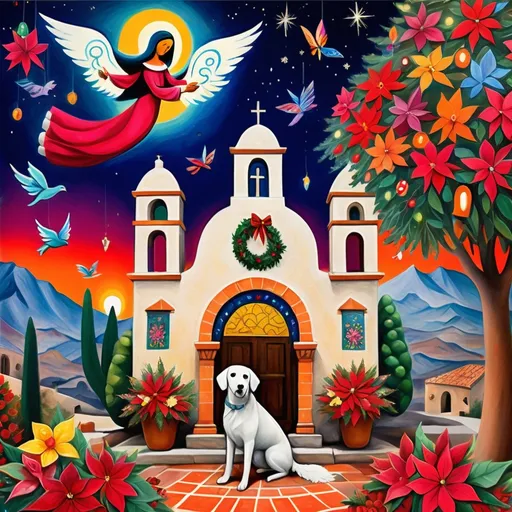 Prompt: (Chagall-inspired surreal scene), Christmas card, charming Mexican stone chapel, walls adorned with painted flowers, tile roof, lovers floating in the whimsical sky, graceful wings, fluffy dog, surrounded by vibrant flowers, virgin of Guadalupe, poinsettia, wreath, majestic avocado tree in front, enchanting magical , Christmas tree, Christmas lights, Mexican style, atmosphere, dreamy mountains in the background, swirly dark moonlight sky, (vivid colors), (4K, ultra-detailed), (cubist, whimsical).