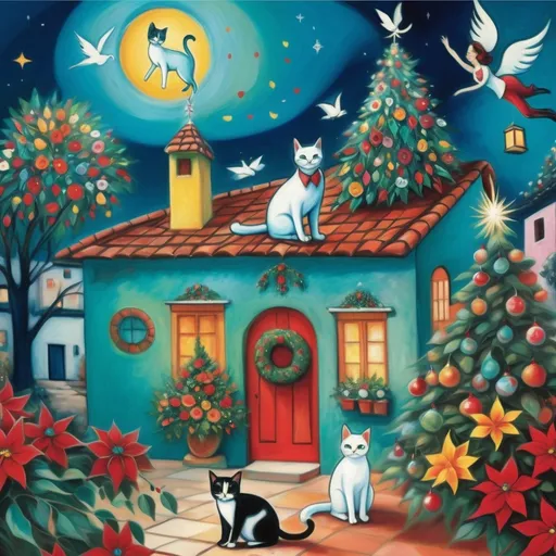 Prompt: (Chagall-inspired surreal scene), Christmas card, charming turquoise Mexican casita, walls adorned with painted flowers, tile roof, lovers floating in the whimsical sky, graceful wings, surrounded by vibrant flowers, 2 playful tuxedo cats, poinsettia, Christmas tree,wreath, majestic avocado tree in front, enchanting magical , Christmas tree, Christmas lights, angels, Mexican style, atmosphere, dreamy mountains in the background, swirly dark moonlight sky, (vivid colors), (4K, ultra-detailed), (cubist, whimsical).