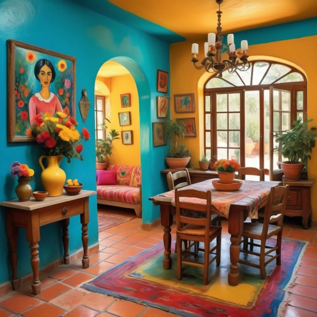 Prompt: Marc Chagall style paiting of (charming traditional small, cozy, yellow walls, colorful flowers, turquoise colorful, artsy boho chic Spanish Colonial style Mexican Casita), beautiful,charming interior,\cozy sitting room, Frieda Kahlo portrait, combined kitchen and dining room, (brick ceilings), (terra-cotta floors), colorful decor inviting ambiance, well-structured layout, (cozy and homely atmosphere), high-quality design, lace curtains sunlight streaming in, enhancing architectural features. Tile roof. Arched windows.