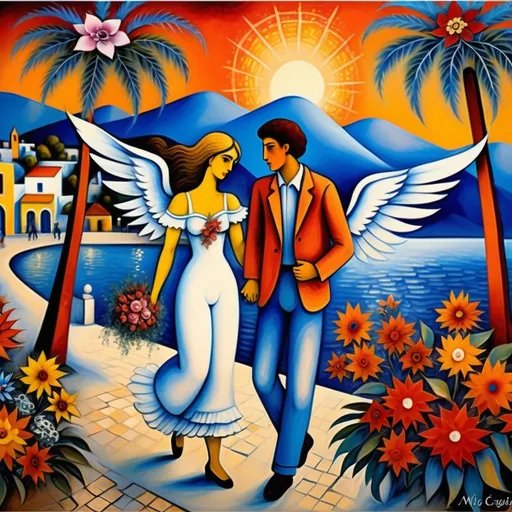 Prompt: Christmas scene card), (Marc Chagall influence, surrealist , expressionistic, primitive,  two lovers  strolling the malecón, Ajijic, Mexico, Lake Chapala, beautiful sunset, flowering  trees, poinsettas, 
palm trees, whimsical ambiance, magical atmosphere, soft tones of blue and white, sunset, artistic fantasy, angels in sky, intricate floral details, dreamy sky, 4K, ultra-detailed illustration.