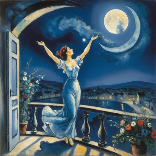 Prompt: Marc Chagall style night moonlit sky woman at balcony with arms outstretched. Lover in sky offering her a bouquet