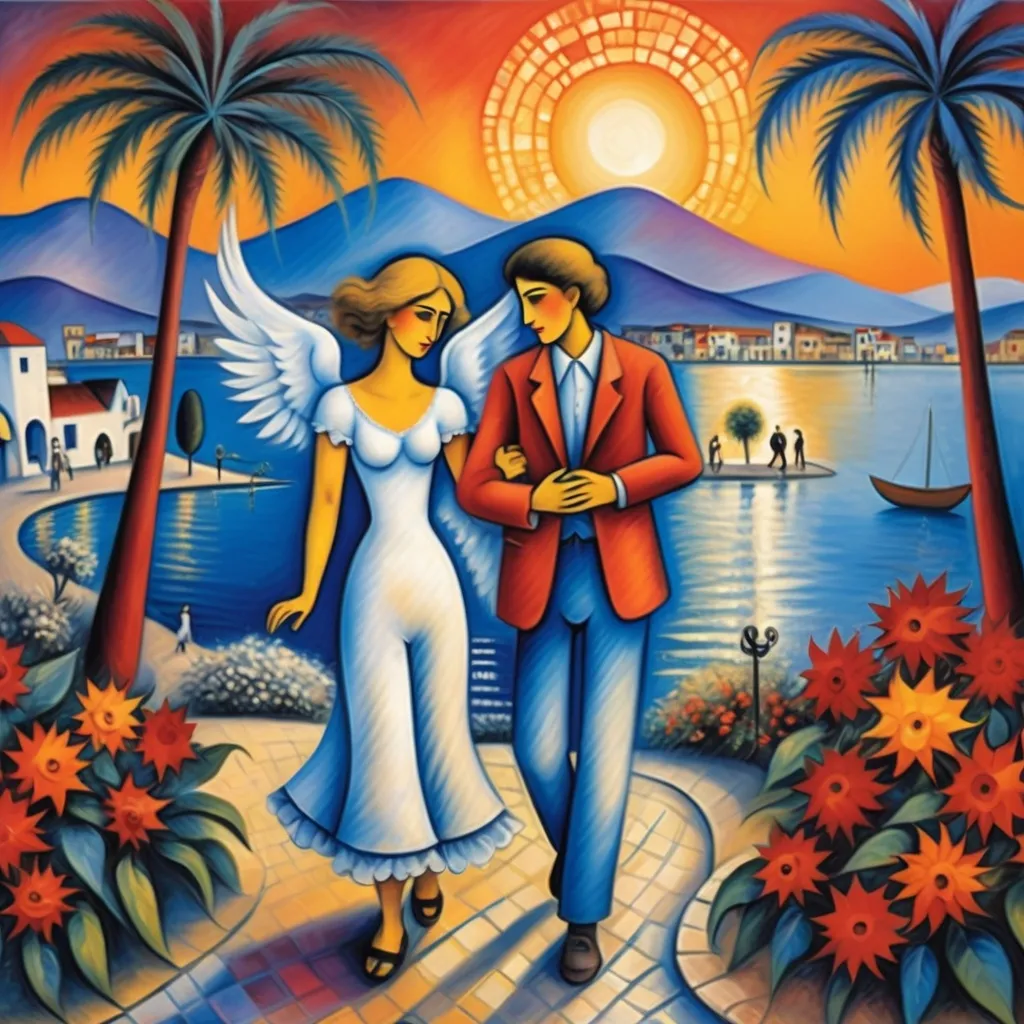 Prompt: Christmas scene card), (Marc Chagall influence, surrealist , expressionistic, primitive,  two lovers  strolling the malecón, Ajijic, Mexico, Lake Chapala, beautiful sunset, flowering  trees, poinsettas, 
palm trees, whimsical ambiance, magical atmosphere, soft tones of blue and white, sunset, artistic fantasy, angels in sky, intricate floral details, dreamy sky, 4K, ultra-detailed illustration.