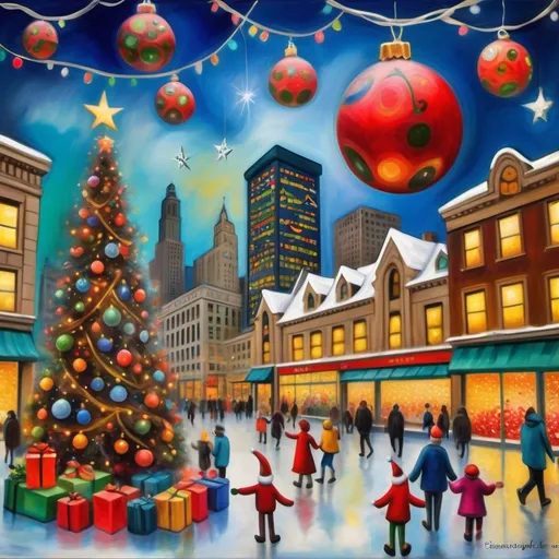 Prompt: (department store decorated for Christmas), (downtown Chicago), whimsical expressionism, primitivism, surreal elements, playful ambiance, magical sky with Christmas lights, vibrant colors, oil painting style, unique Chagall-inspired shapes, enchanting scenery with Lake Michigan in the background, festive cheer, captured in HD detail, creating a dreamy and joyful Christmas atmosphere.