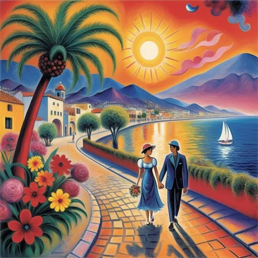 Prompt: (birthday card), (Marc Chagall style, surrealist style),expressionist style, two lovers in sporty attire, man wearing baseball cap strolling the malecón, Ajijic, Mexico, Lake Chapala, beautiful sunset, flowering trees, palm trees, whimsical ambiance, magical atmosphere, vibrant colors, artistic fantasy, angels in sky,dramatic lighting, intricate floral details, dreamy sky, 4K, ultra-detailed illustration. FELIZ CUMPLEAÑOS