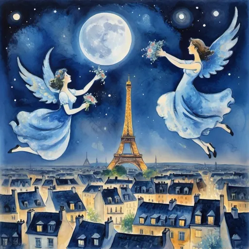 Prompt: (Watercolor Painting in playful primitive surrealist 
Marc Chagall style), 2 lovers float in soft starry night sky above Paris with beautiful floral bouquet, playful milky moon, rmisty 
omantic scene,  balcony below, male offers woman beautifully arranged bouquet, flowers 
whimsical and dreamy atmosphere,  cool tones of blue and white, soft glowing lights,impressionistic, soft colors, swirly enchanting night sky, infused with magic and love. Winged cats, angels
