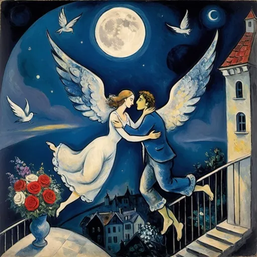 Prompt: chagall style. Lovers floating  together in the night moonlit sky. male gives female a bouquet. Balcony below from which woman rose up on wings

