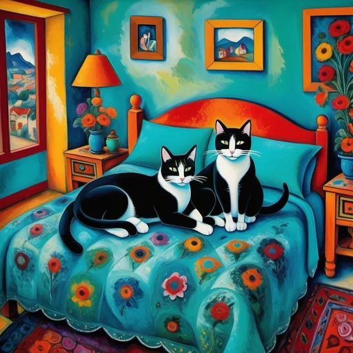 Prompt: (Marc Chagall style painting) couple lounging in bed, two tuxedo cats playfully resting, (turquoise bedspread) adorned with (vibrant flowers), warm ambient lighting, colorful Mexican style Casita bedroom, whimsical elements reflecting love and comfort, intricate patterns on walls, serene atmosphere, ultra-detailed, cinematic masterpiece, expressive brush strokes capturing emotion and harmony, dreamlike quality.