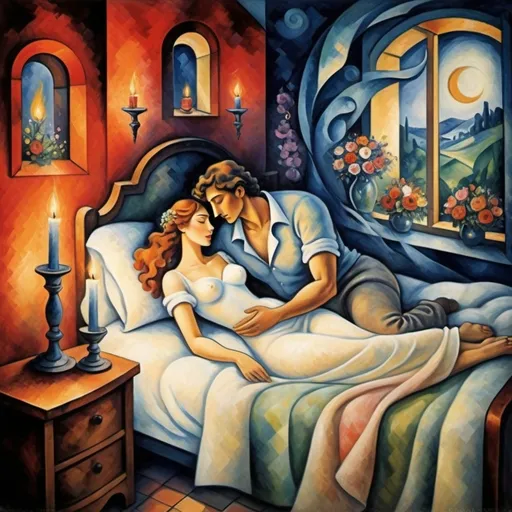 Prompt: (candles burning side-by-side), man and woman lovers in bed, fire, wedding bouquet, cubist style), Marc Chagall influence, intricately detailed dresser, soft dim lighting, flickering flames casting shadows, ethereal flowers intertwined with smoke, whimsical atmosphere, romantic and dreamlike ambiance, high-quality depth, ultra-detailed composition, enchanting color palette, tranquil yet captivating scene. Magical and enchanted.